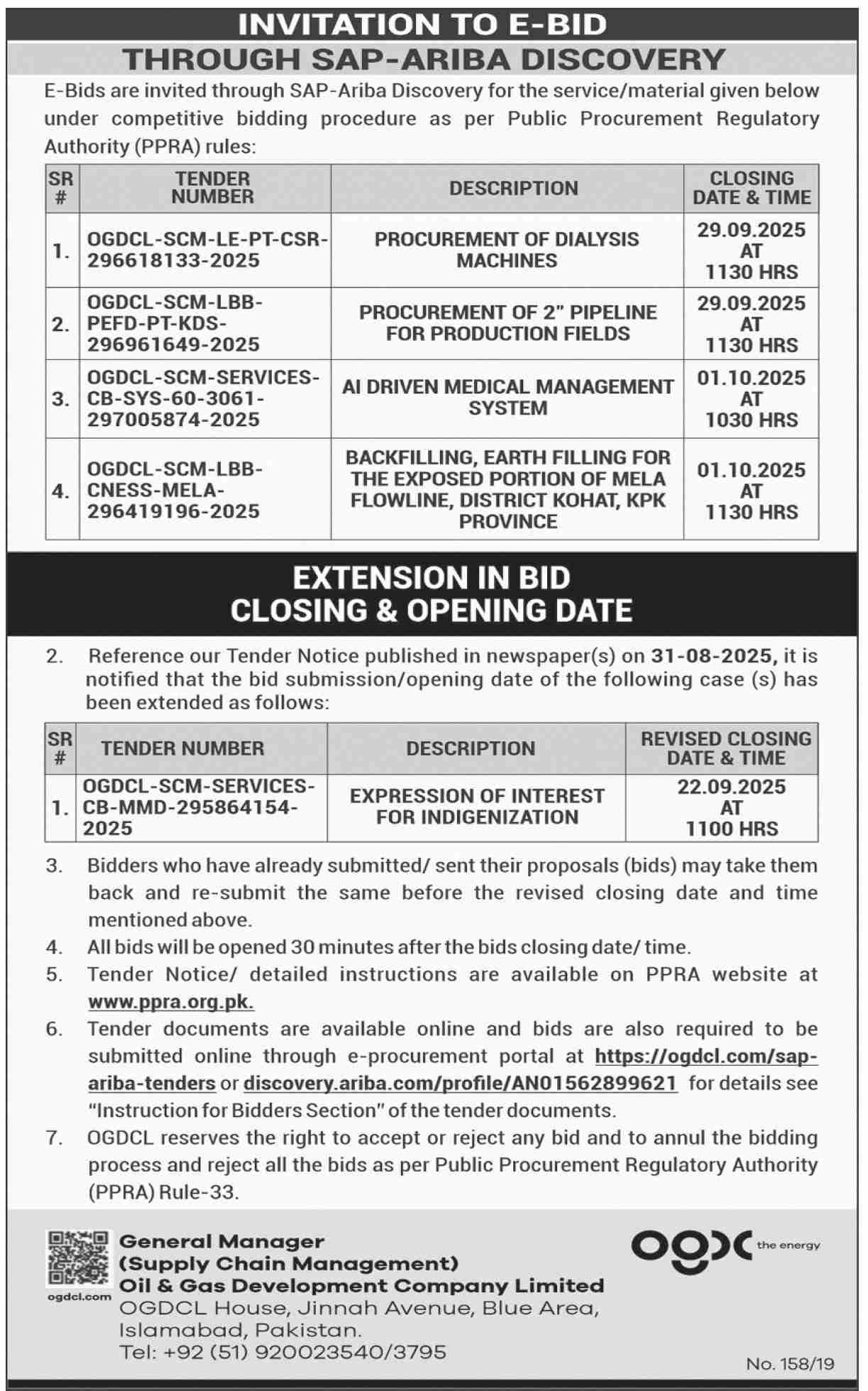 Oil & Gas Development Company Limited Islamabad Tender Notice